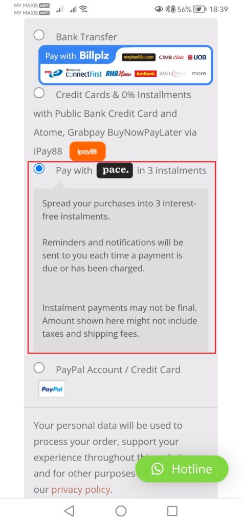 Choose Pay with Pace in 3 installments
