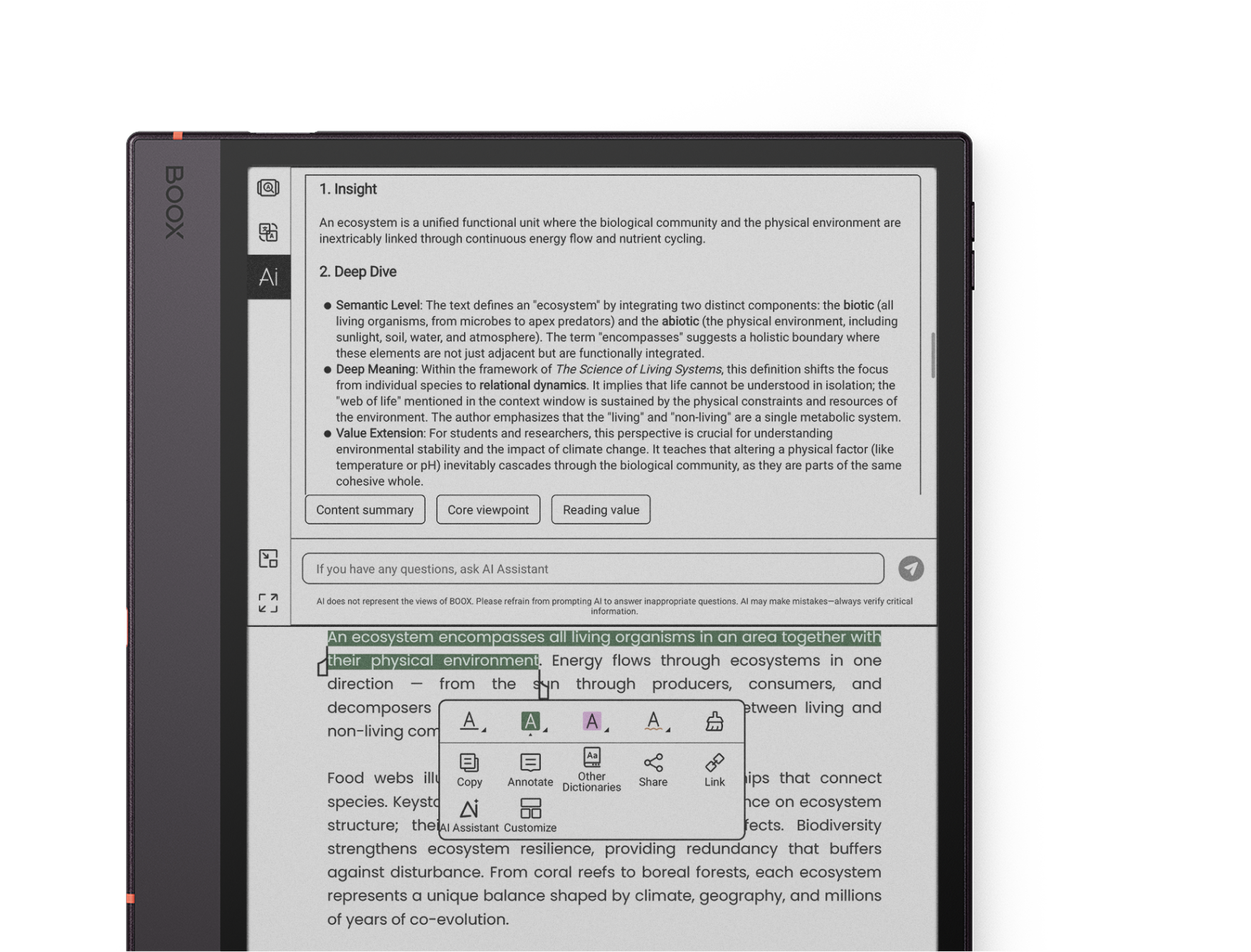 AI Assistant explaining a highlighted passage in NeoReader