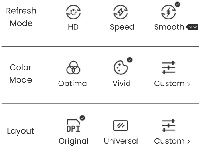 BOOX Smooth Mode refresh, color and layout settings