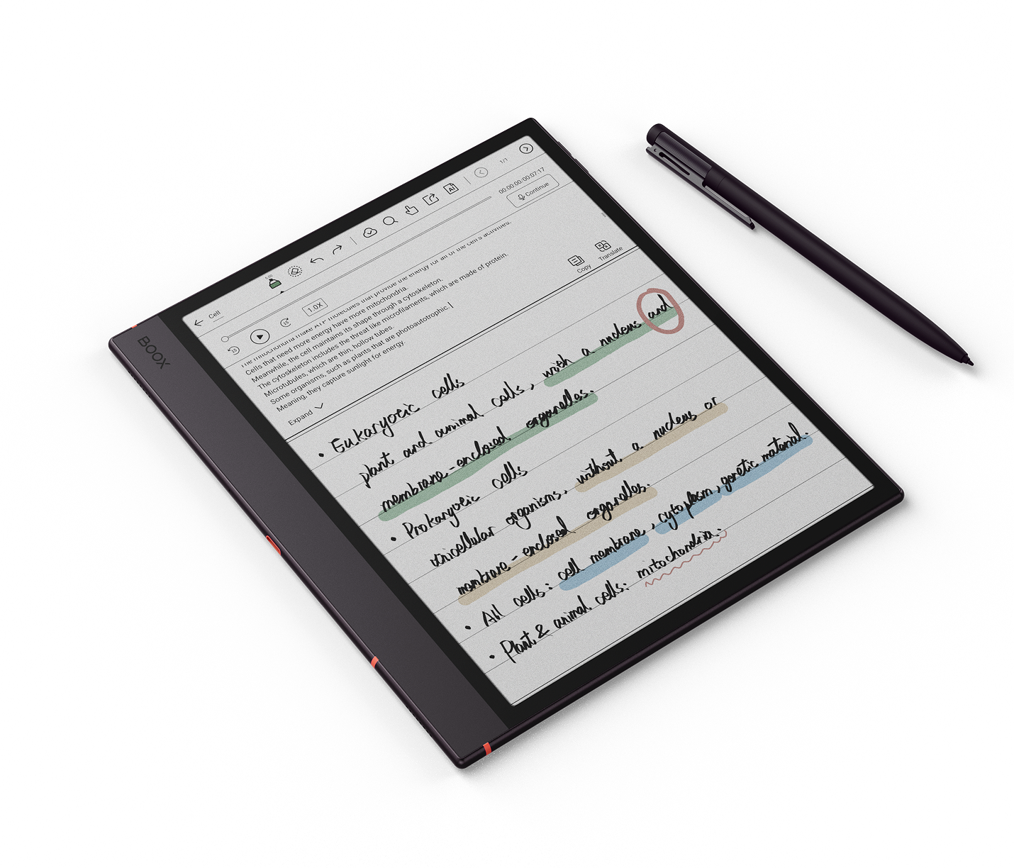 BOOX Note Air6 C showing audio transcription alongside handwritten notes