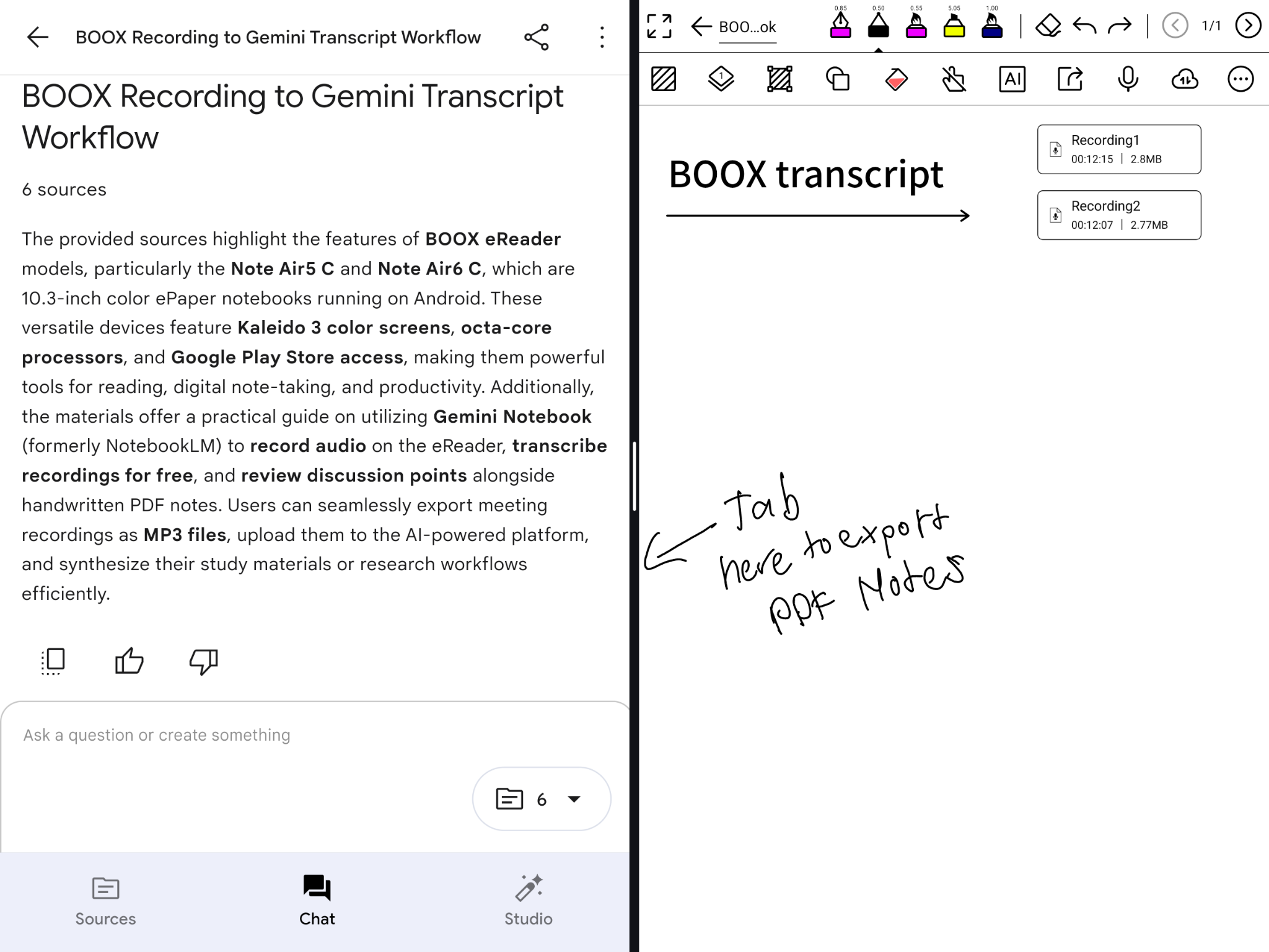 BOOX split-screen with Gemini Notebook Chat on the left and handwritten BOOX Notes on the right