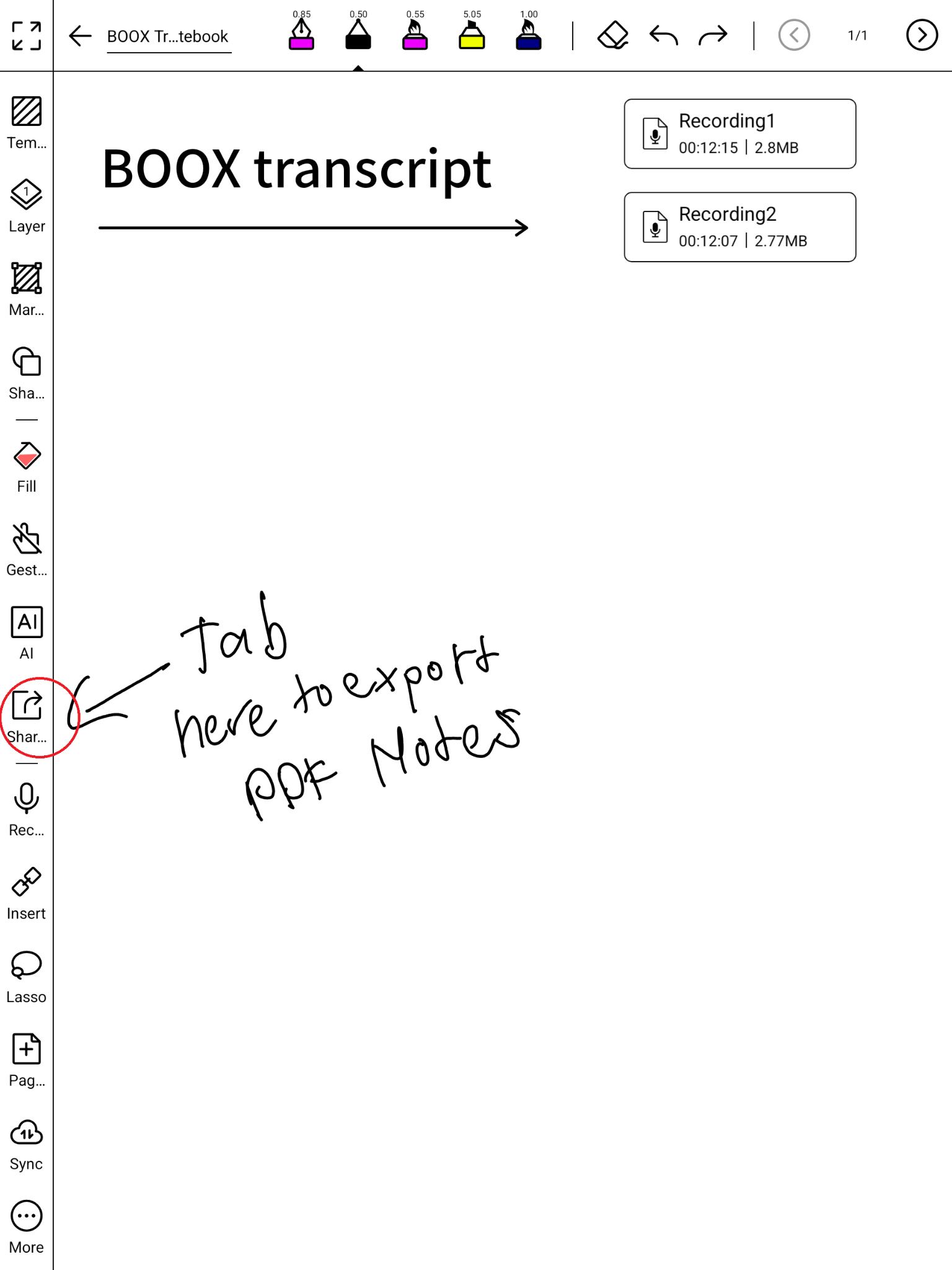 Step 6a — Tap Share on the BOOX Notes toolbar to export your handwritten notes.